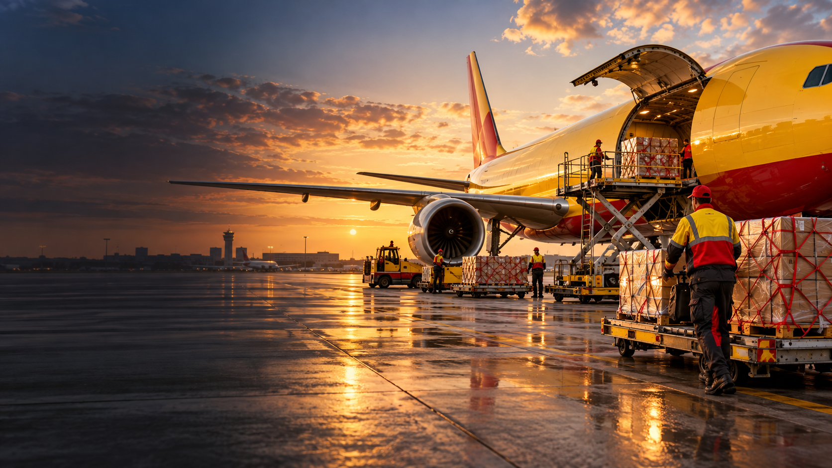 Air cargo team loading freight onto a yellow and red cargo aircraft at sunset
